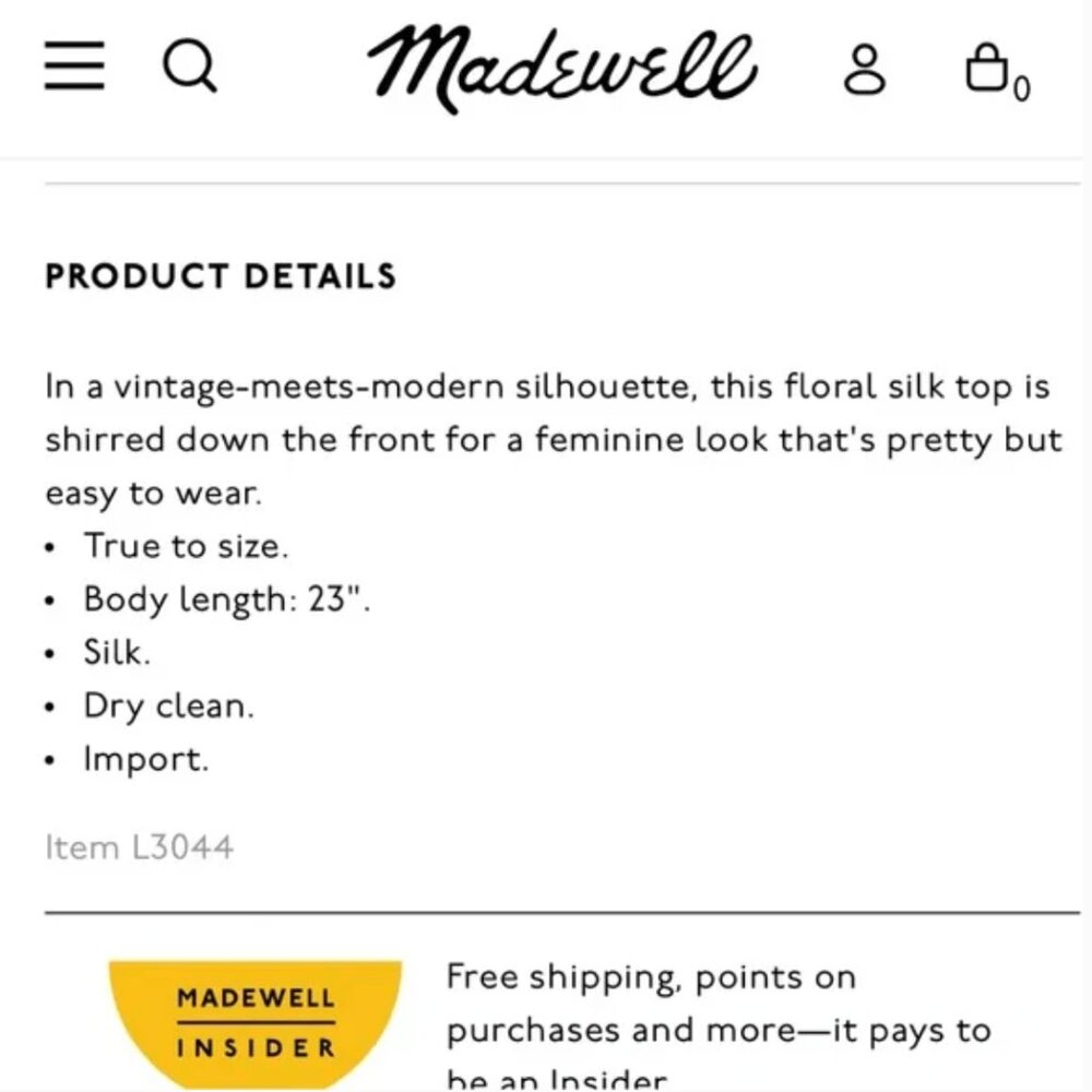 Madewell Silk Ruched Shirred Front Top in Classic Corsage Size 8 - Picture 5 of 5